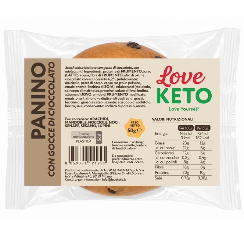 Love Keto Panino Proteico Low Carb con Gocce di Cioccolato 50 Grammi
