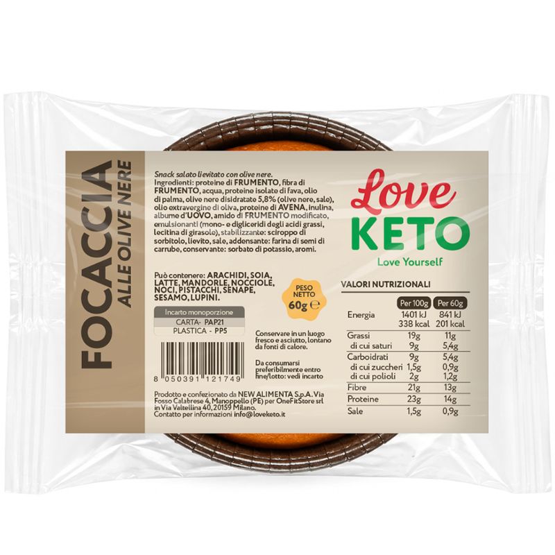 Love Keto Focaccia Proteica Low Carb alle Olive Nere 60 Grammi