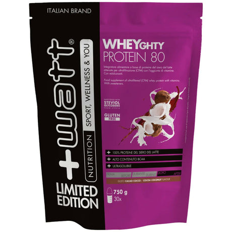 +Watt Wheyghty Protein 80 Da 750 Grammi Gusto Cacao-Cocco Limited Edition