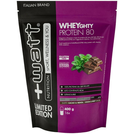 +Watt Wheyghty Protein 80 Da 400 Grammi Gusto Cacao-Menta Limited Edition