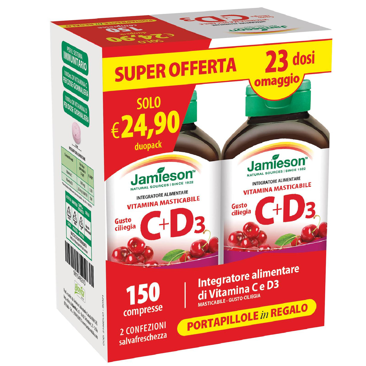 JAMIESON DUO PACK VITAMINA C+D3 MASTICABILE CILIEGIA 150 CPR